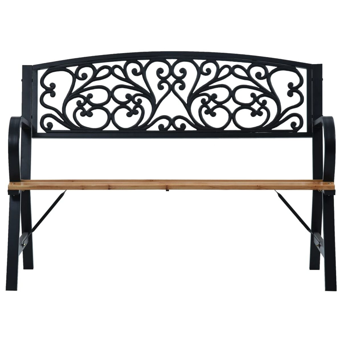 Schwarze Metallgartenbank mit dekorativer Rückenlehne und Holzsitz.