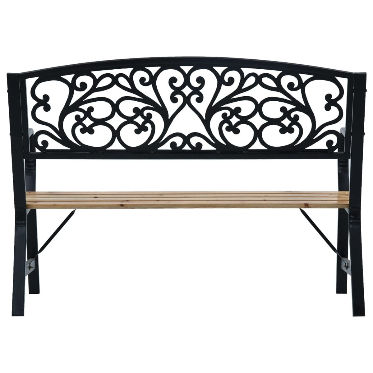Schwarze Schmiedeeisenbank mit Holzsitzen. Verziertes Design auf der Rückseite.