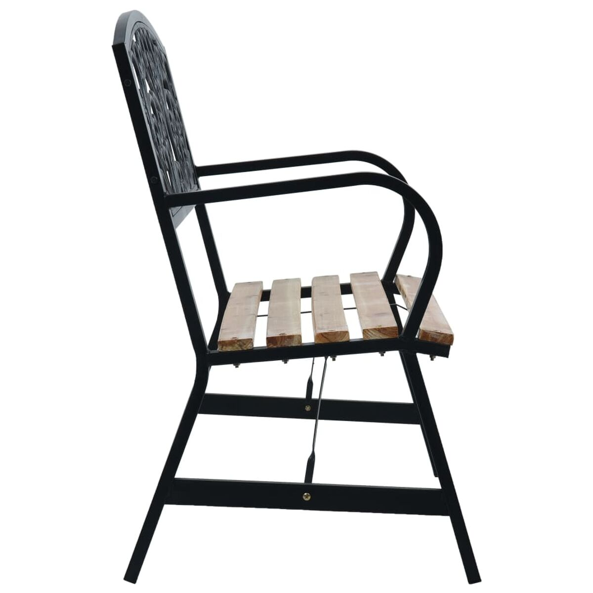 Schwarzer Metall-Gartenstuhl mit Holzlatten für den Sitz und dekorativer Rückenlehne.