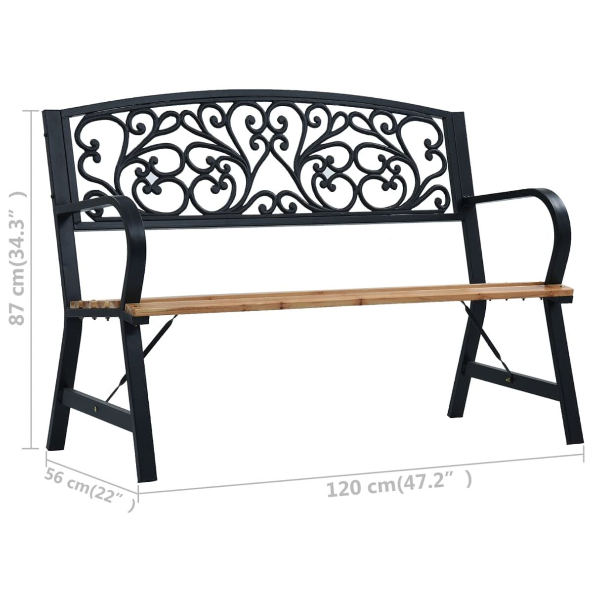 Schwarze Metall-Gartenbank mit Holzsitzen. Maße: 120 cm lang, 87 cm hoch, 56 cm breit.
