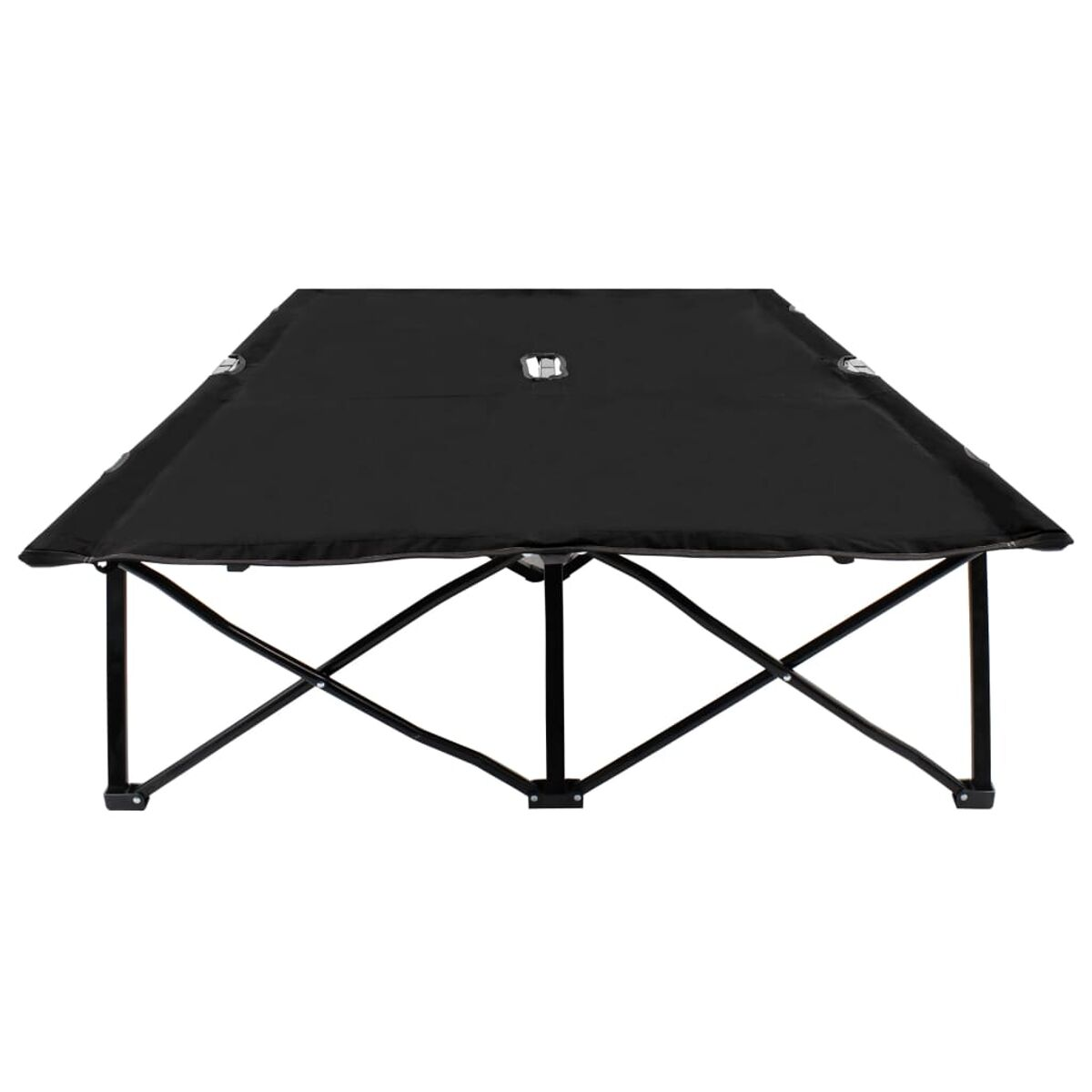 Schwarzer Klapptisch, Metallrahmen. Quadratische Form, einfaches Design, weißer Hintergrund.