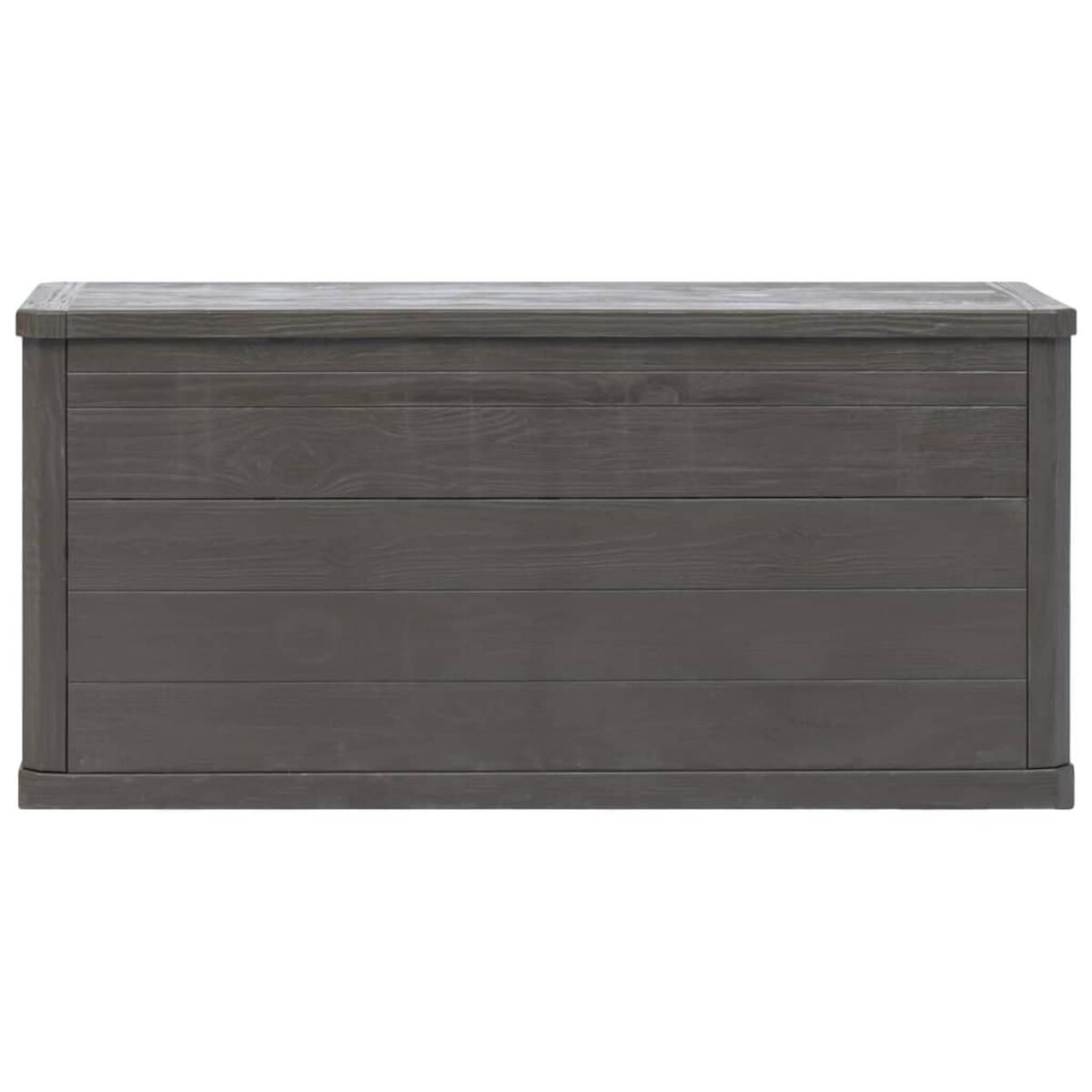 Eine rechteckige, dunkelgraue Outdoor-Aufbewahrungsbox mit horizontalen Linien auf der Frontplatte.