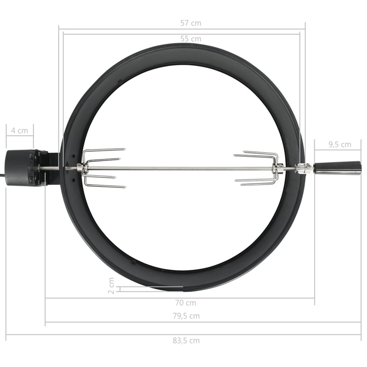 Draufsicht auf einen Drehspieß. Er hat einen schwarzen Ring und einen Motor links.