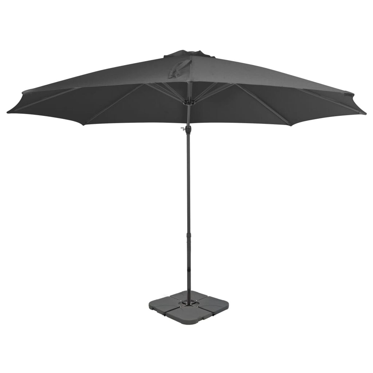 Ein schwarzer Regenschirm mit quadratischem Fuß. Es ist auf weißem Hintergrund.
