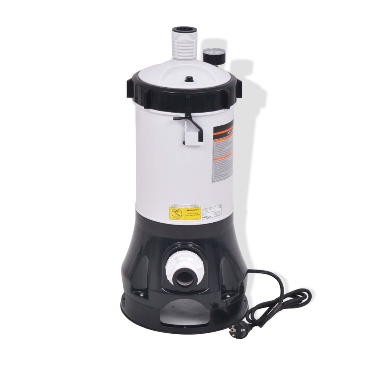 Weiß-schwarzer Poolfilter mit schwarzem Netzkabel und mehreren Aufsätzen.