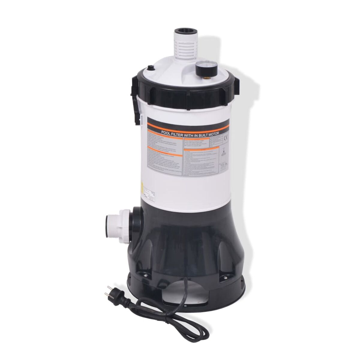 Poolfilter mit eingebautem Motor, schwarz und weiß mit Etiketten.