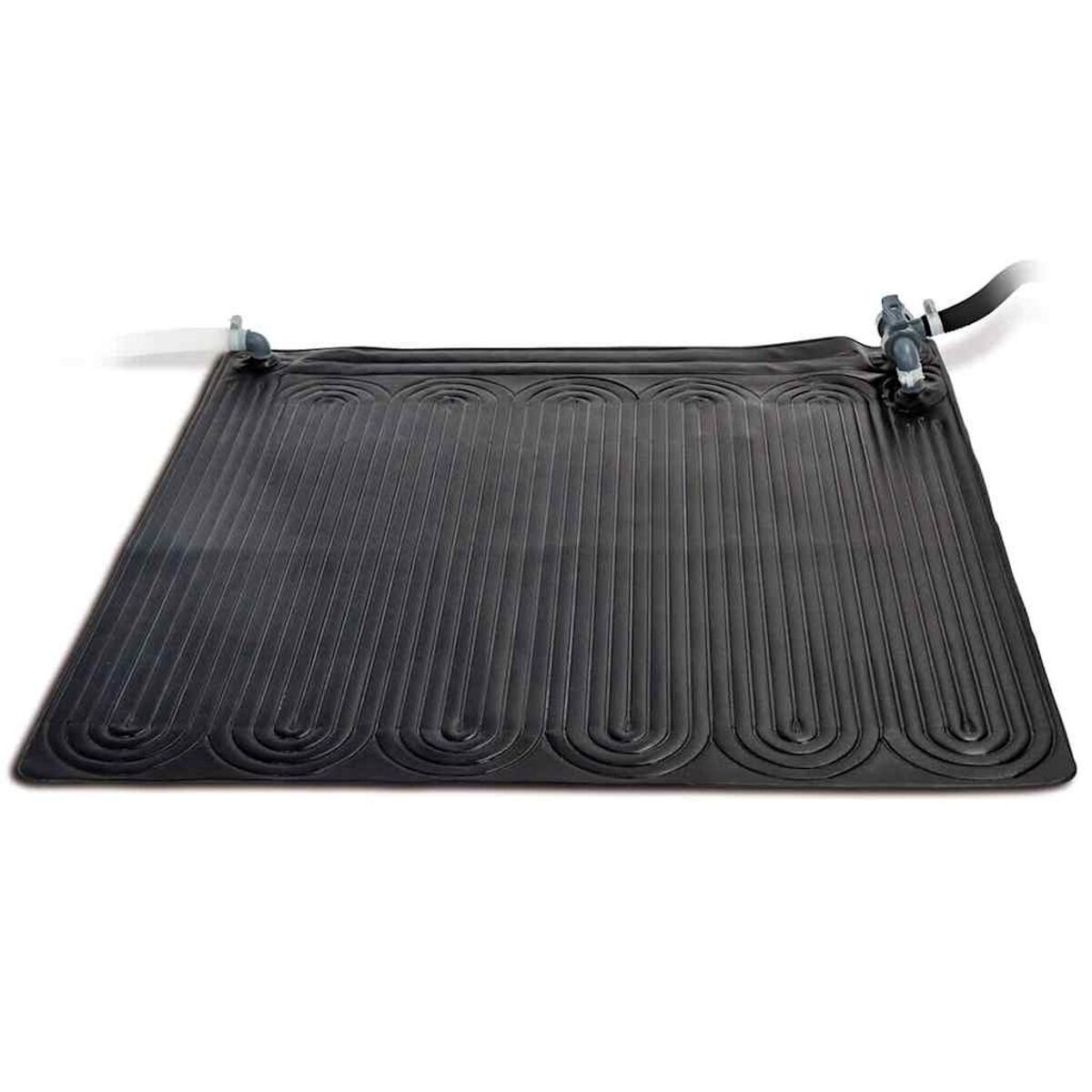 Ein schwarzer Solar-Pool-Heizkörper mit gebogenen Rohren, mit Wasseranschlüssen.