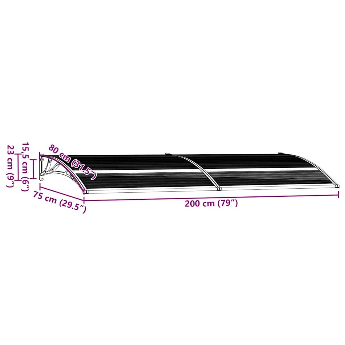 Eine schwarze Markise mit beschrifteten Abmessungen. Sie ist 200 cm lang und hat eine gebogene Form.