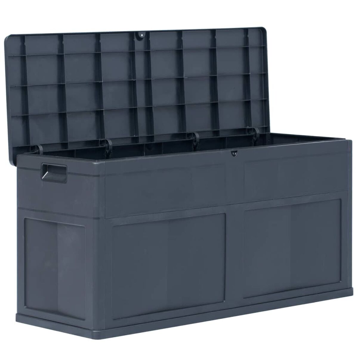Dunkelgraue Outdoor-Aufbewahrungsbox mit offenem Deckel, rechteckige Form, vor weißem Hintergrund.