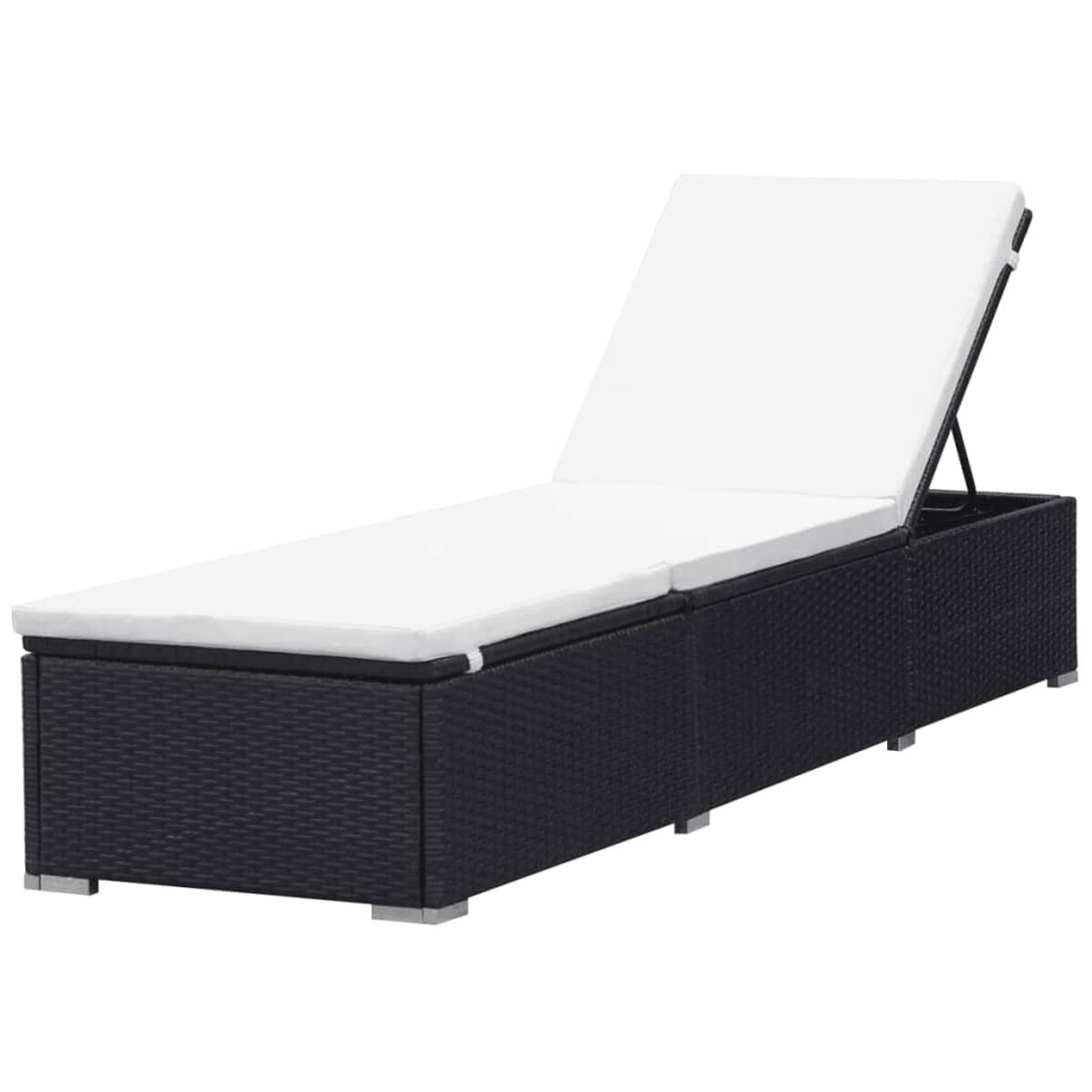 Schwarze Sonnenliege aus Korbgeflecht mit weißem Kissen und verstellbarer Rückenlehne.