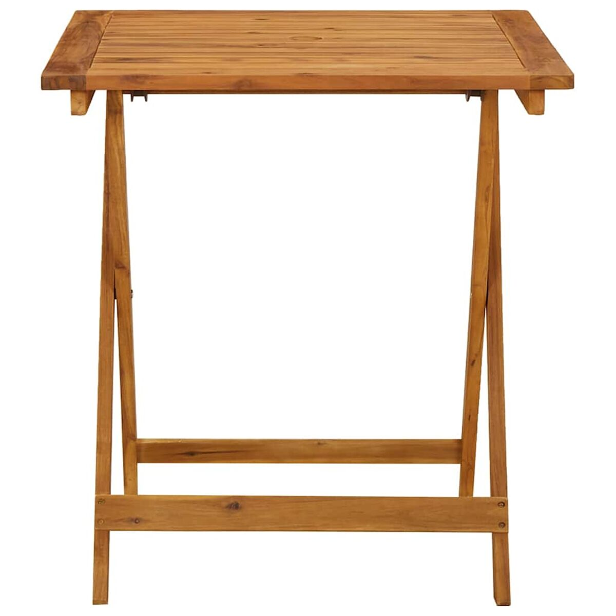 Ein quadratischer Holztisch für den Außenbereich mit rechteckiger Oberseite und vier Beinen.
