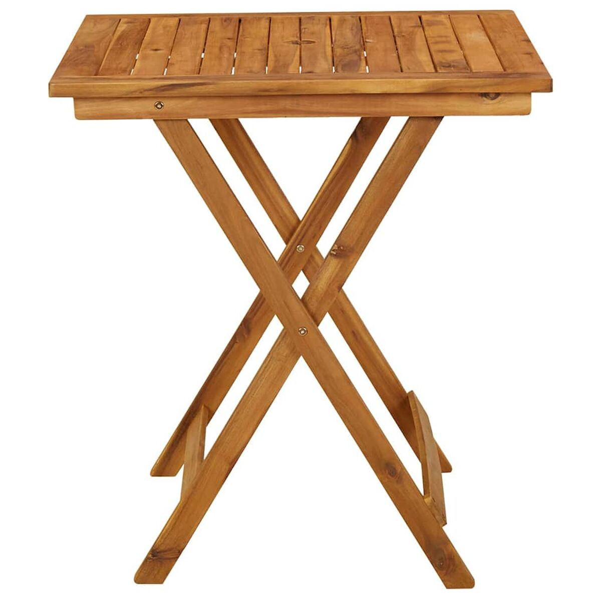Ein quadratischer Holztisch mit gekreuzten Beinen. Der Tisch besteht aus Holzbohlen.