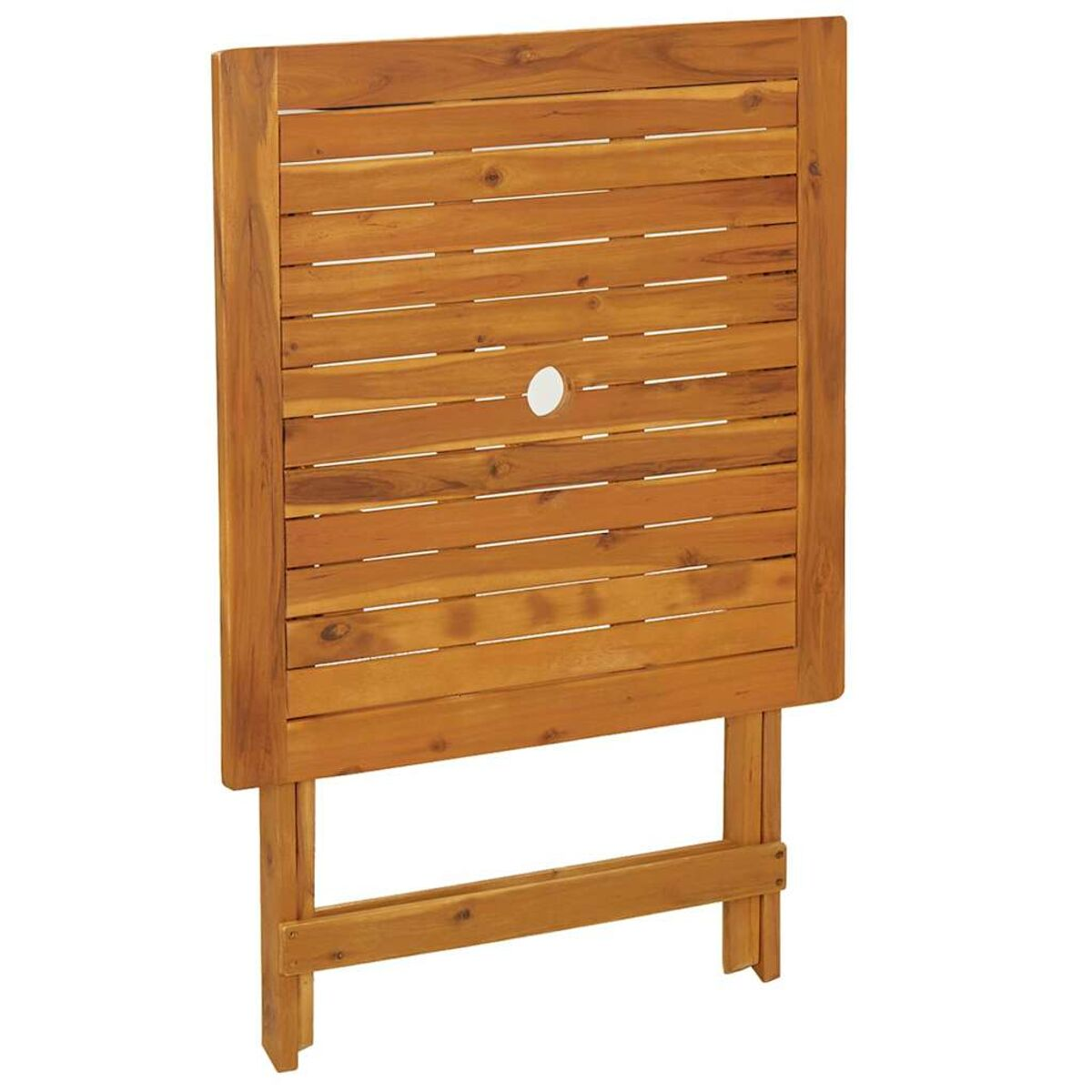 Klapptisch aus Holz mit horizontalen Lamellen und einem zentralen Loch, Beine gefaltet.