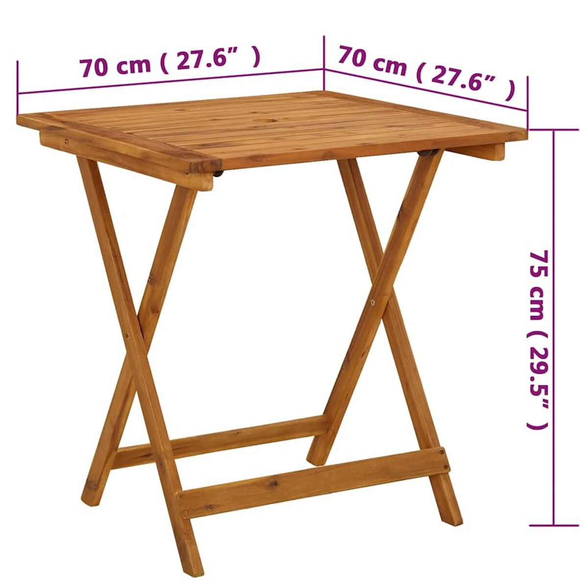 Quadratischer, klappbarer Holztisch mit Maßangaben.