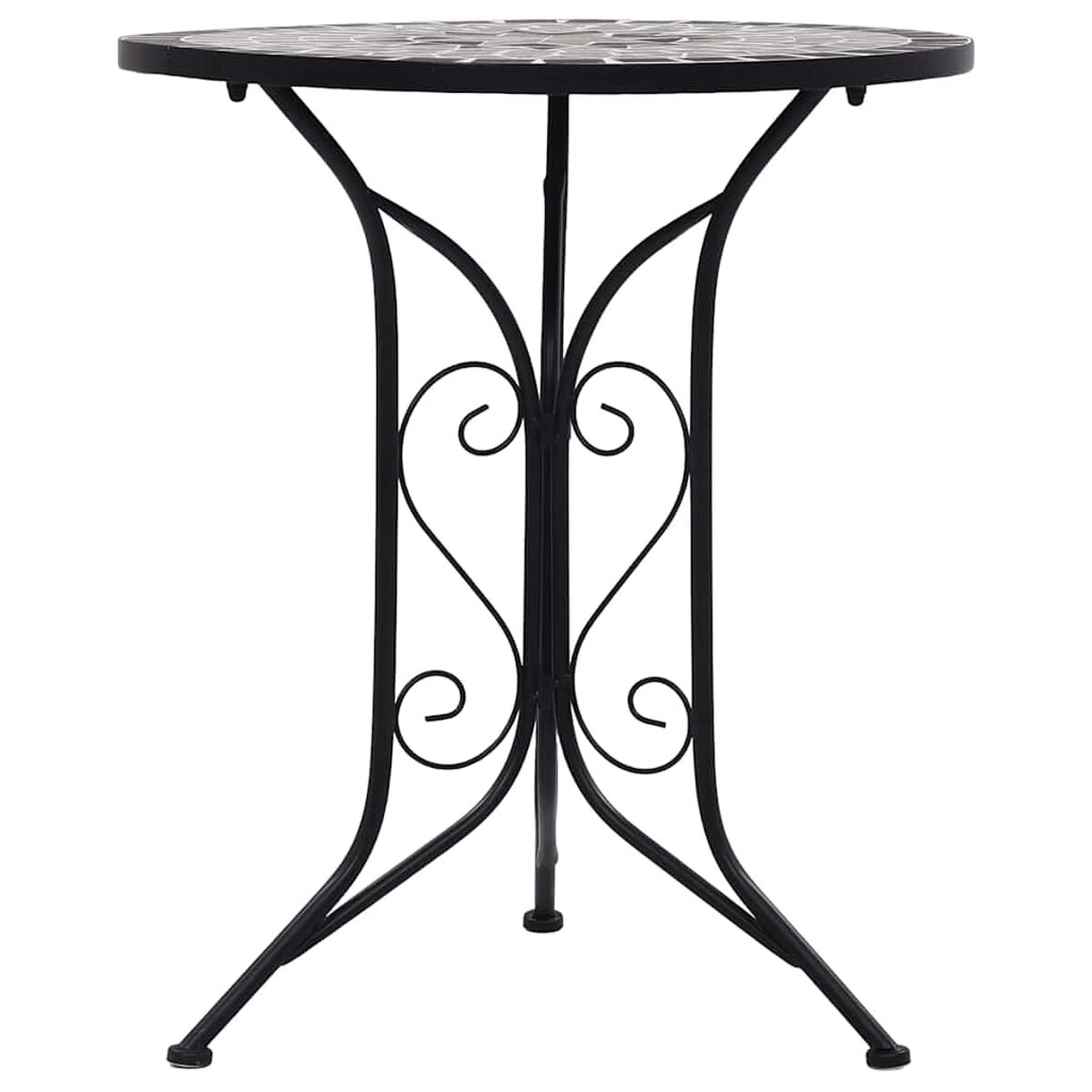 Schwarzer Metall-Bistrotisch mit Mosaik-Oberfläche, weißer Hintergrund.