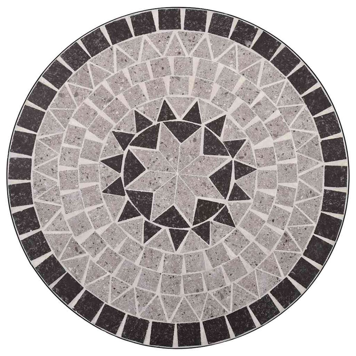 Runde Mosaiktischplatte mit Stern- und quadratischen Mustern.