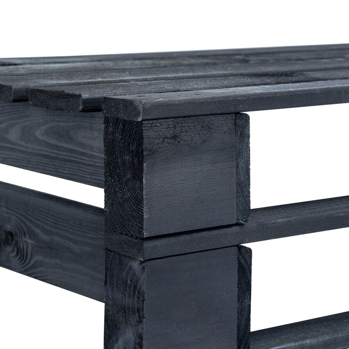 Nahaufnahme einer schwarz lackierten Palette, die Holzlatten und -verbindungen zeigt.