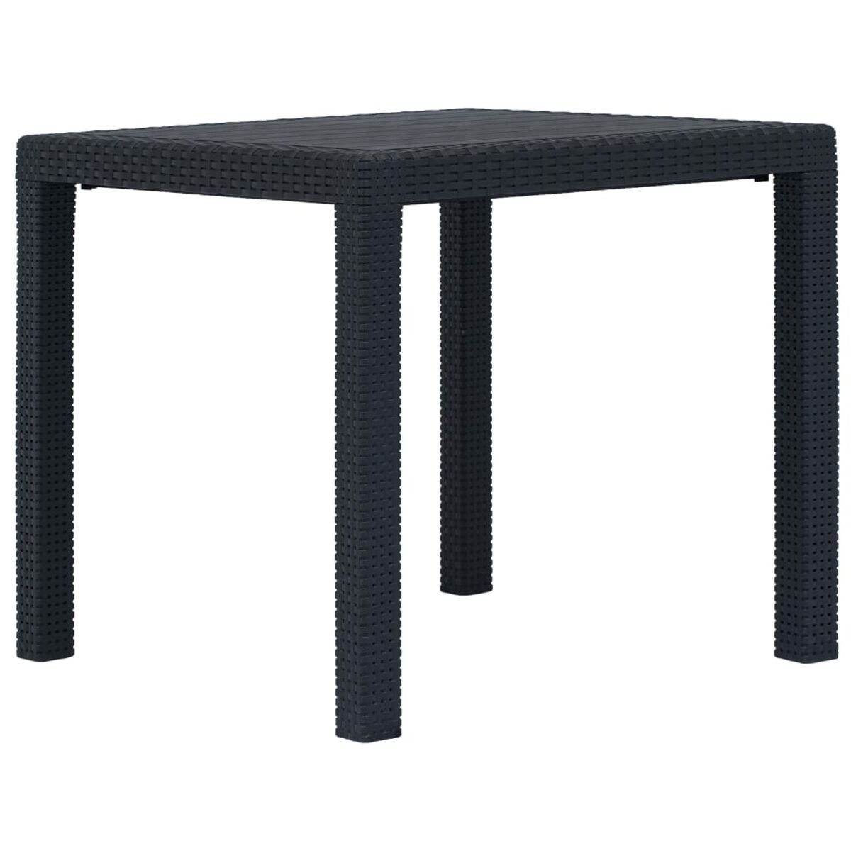 Viereckiger schwarzer Tisch aus gewebtem Material. Er hat vier Beine.