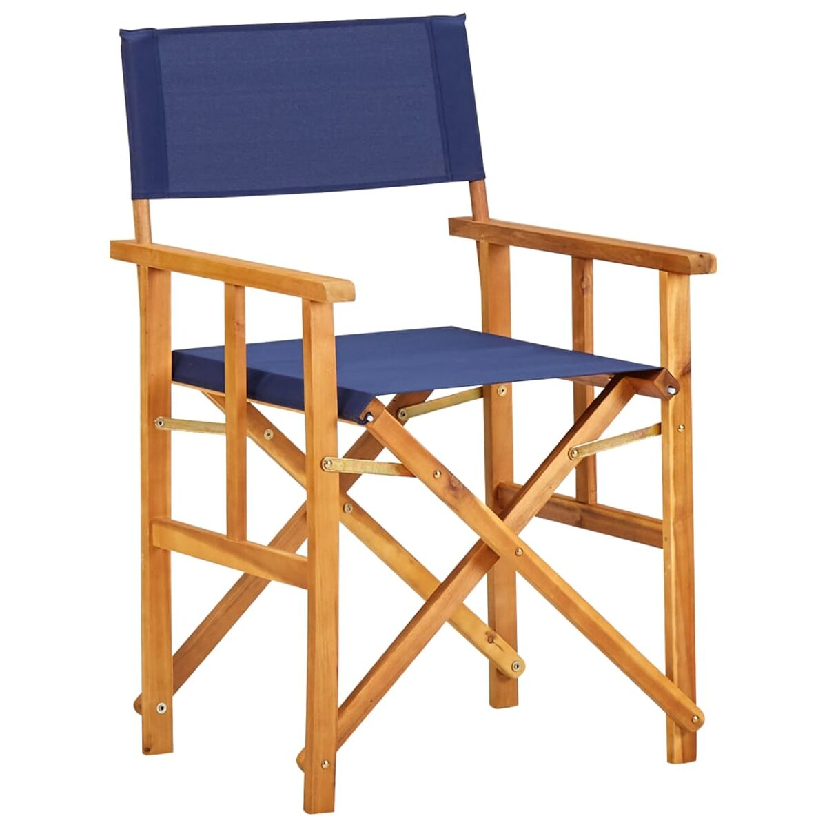 Regiestuhl aus Holz. Blauer Stoff Sitz und Rücken. Weißer Hintergrund.