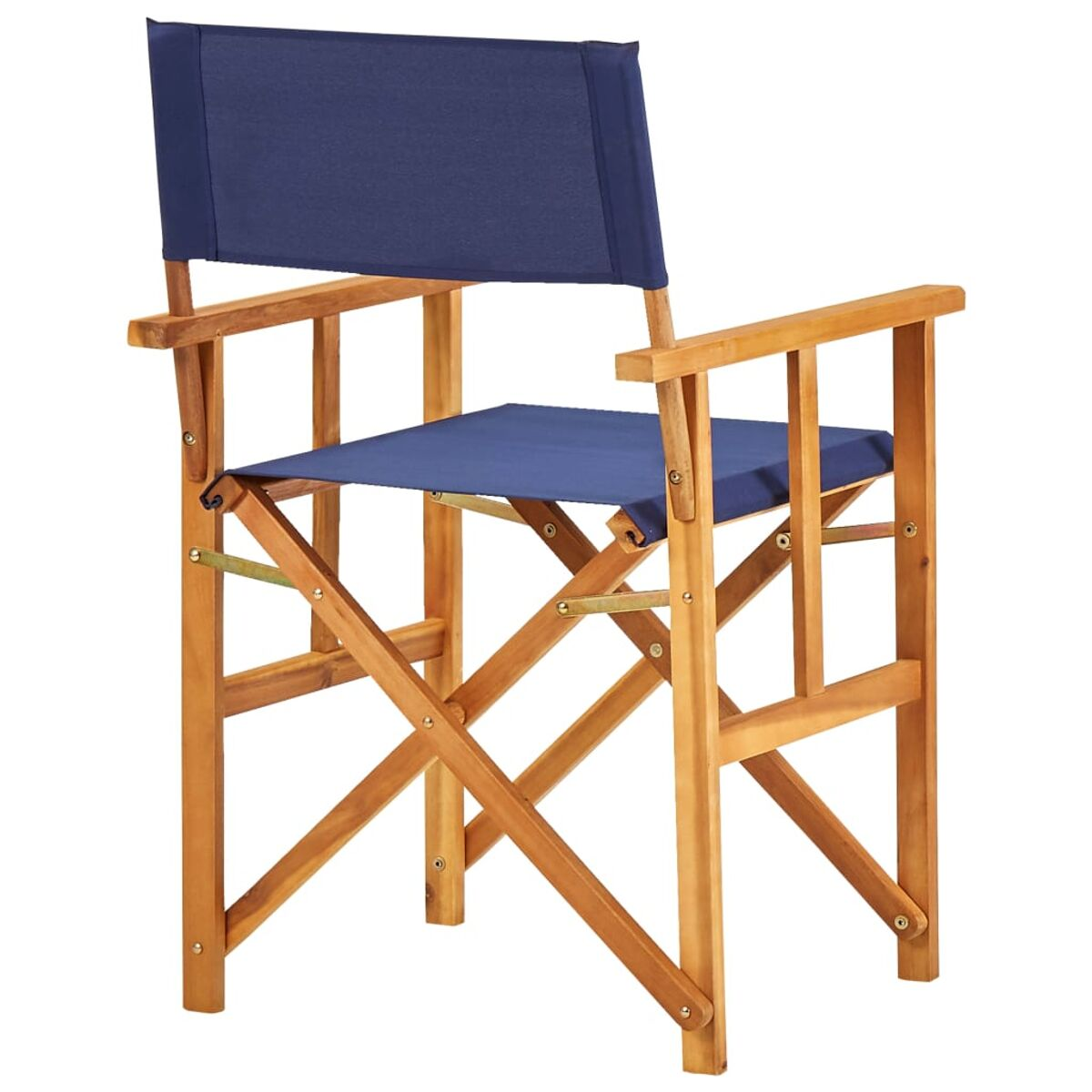 Holzregiestuhl mit blauem Stoff Sitz und Rücken.