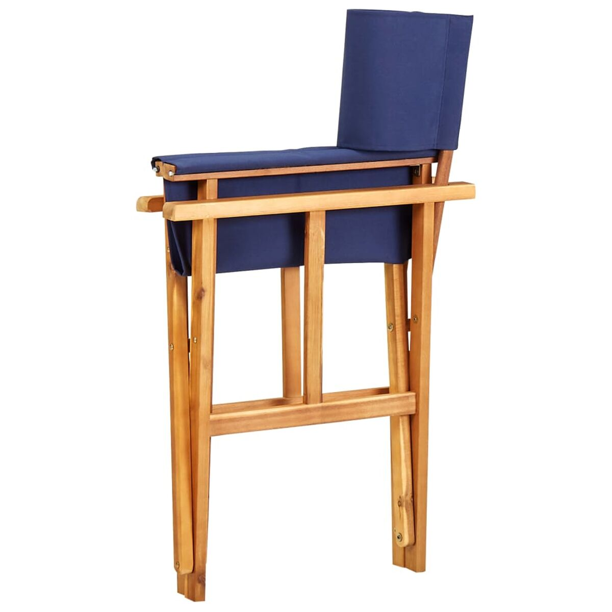 Ein hölzerner Klappstuhl mit blauem Sitz und Rückenlehne, vor weißem Hintergrund.