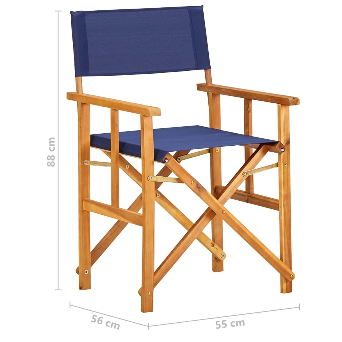 Regiestuhl aus Holz. Blaues Leinensitz und Rückenlehne. Maße: 88cm, 56cm, 55cm.