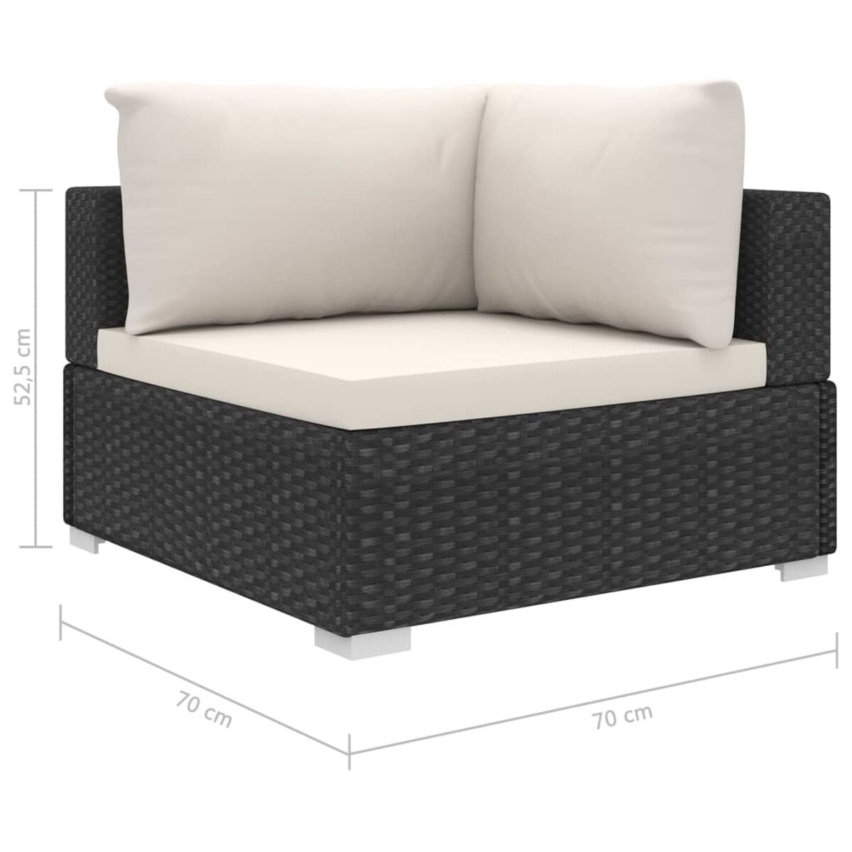 Schwarzes Ecksofa aus Rattan mit cremefarbenen Kissen. Maße sind angegeben.