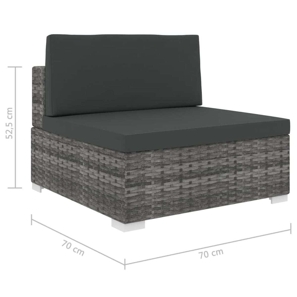 Graues Wicker-Outdoor-Sofa mit dunkelgrauem Kissen. Abmessungen: 70x70x52,5 cm.