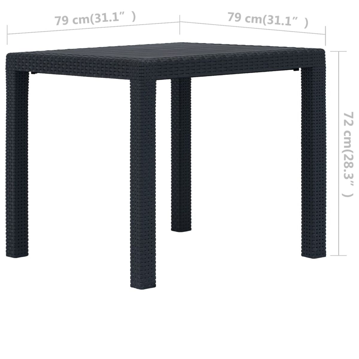 Schwarzer quadratischer Tisch mit Korbstruktur, Abmessungen angegeben.
