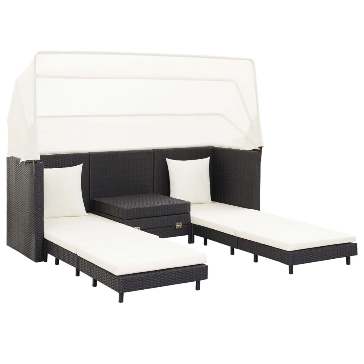 Schwarzes Rattan-Outdoor-Sofaset mit weißen Kissen und Baldachin.
