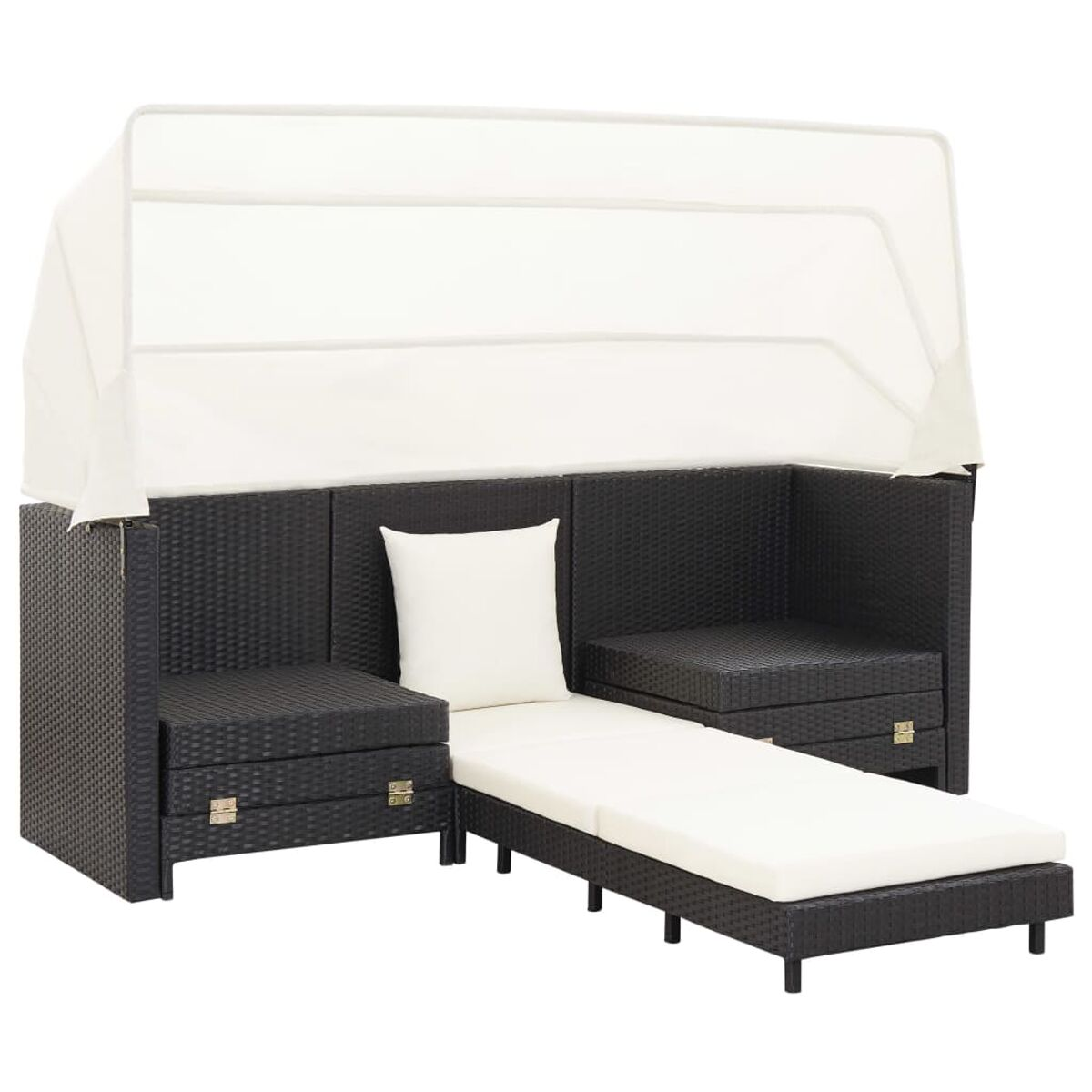 Schwarzes Outdoor-Sofa aus Korbgeflecht. Inklusive Baldachin, Kissen und Chaiselongue.
