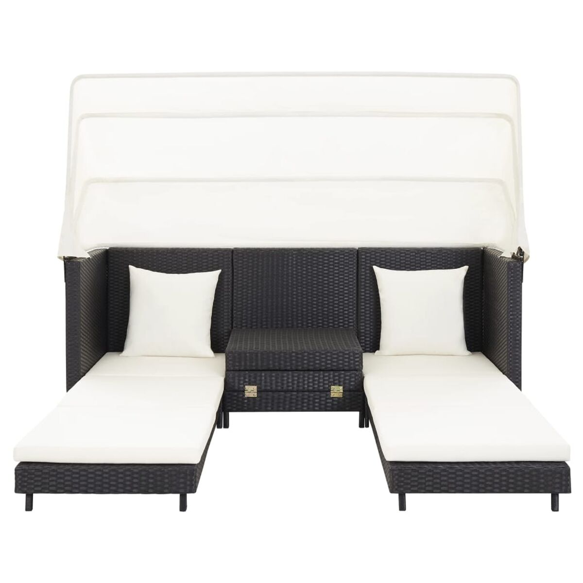 Outdoor-Sofagarnitur mit Baldachin, Kissen und einem Stauraum.