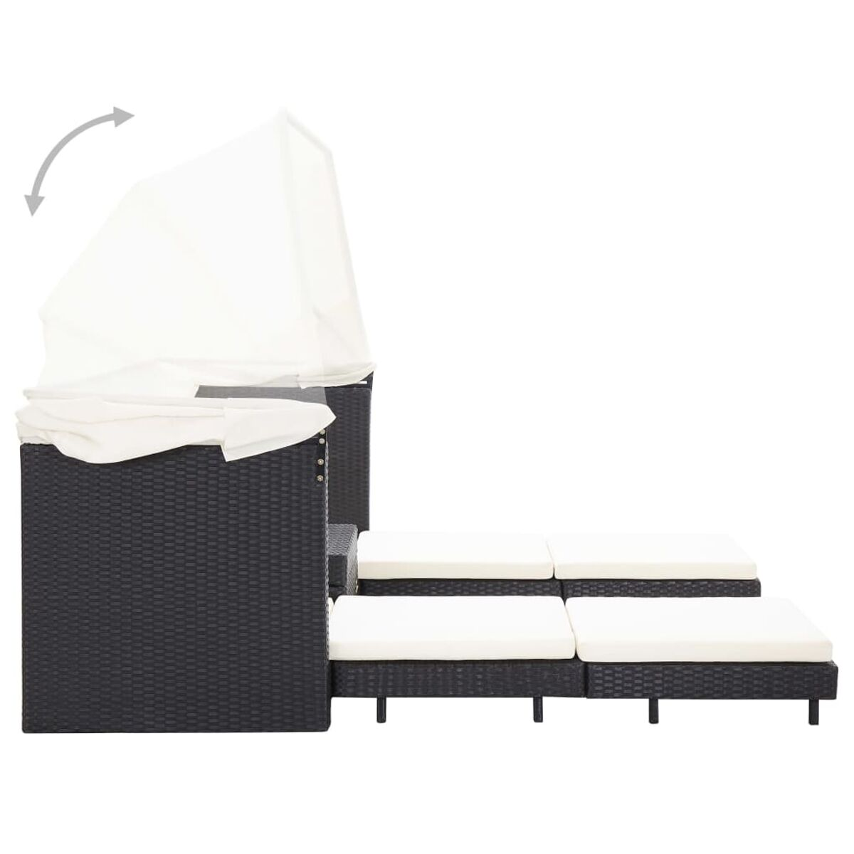 Ein schwarzes Rattan-Outdoor-Sofaset. Es hat ein weißes Verdeck. Weiße Kissen befinden sich auf den Sitzflächen.