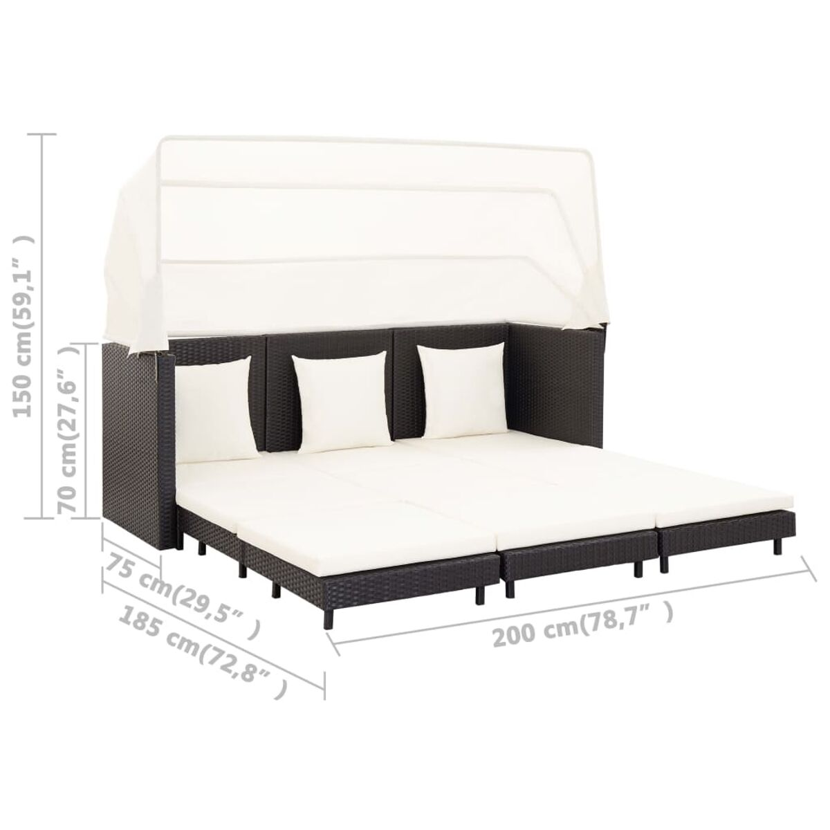 Ein schwarzes Outdoor-Daybed mit weißen Kissen und einem Baldachin wird gezeigt.