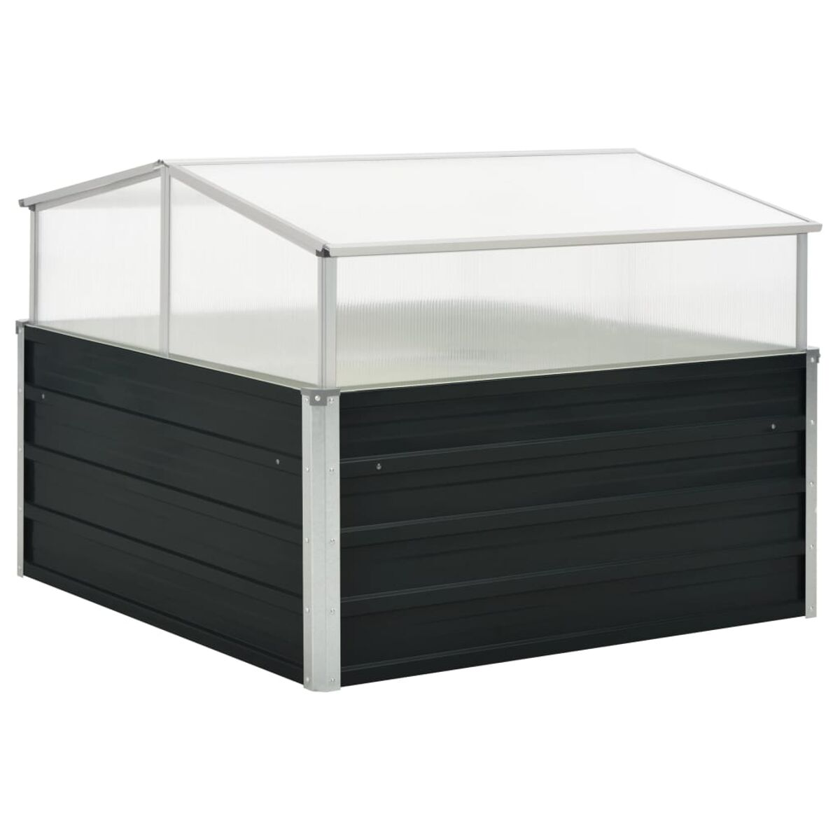 Ein schwarzes Hochbeet mit transparentem Kunststoffdach. Silberner Metallrahmen.