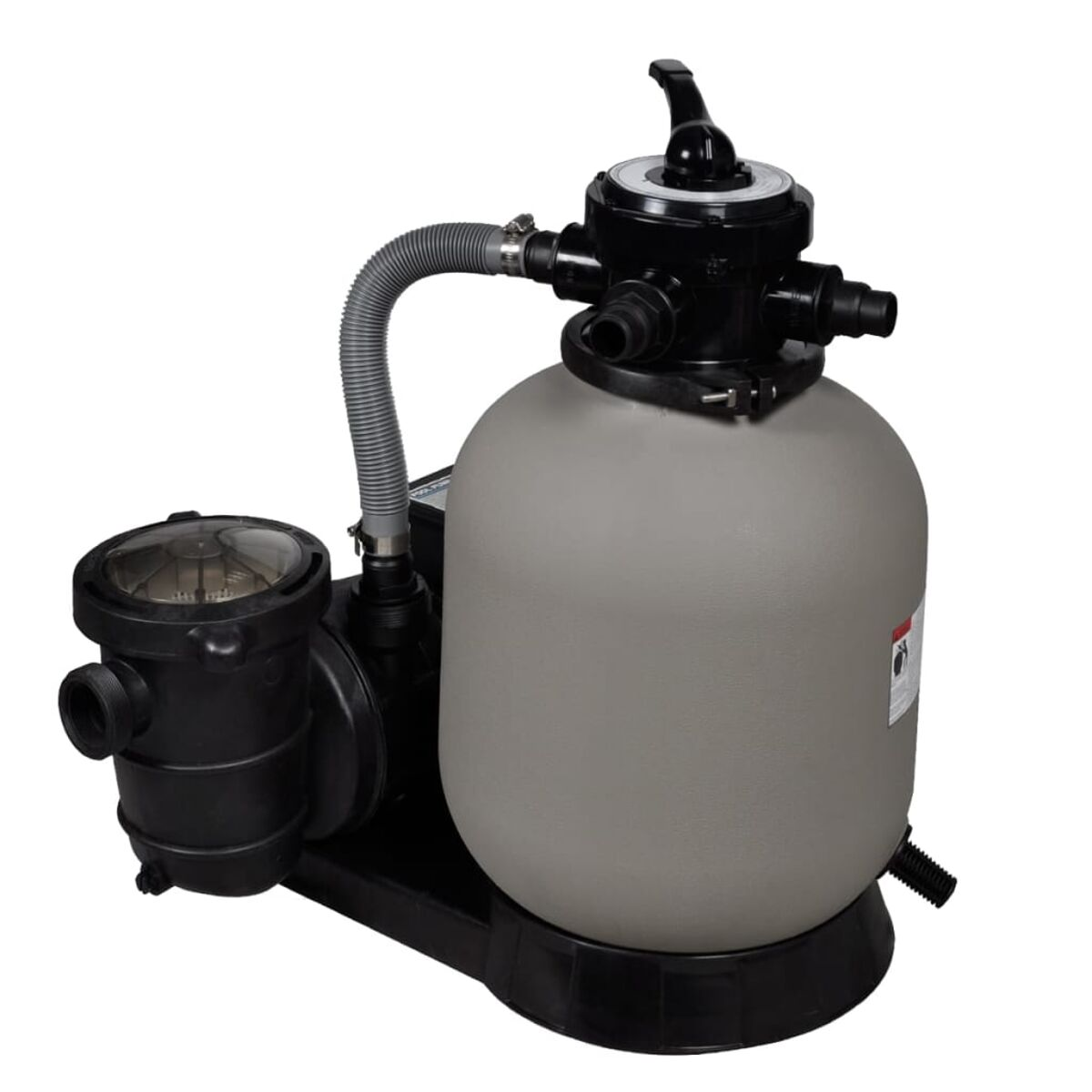 Poolfiltersystem, grauer Tank mit schwarzen Komponenten, Schläuchen und einer Pumpe, auf weißem Hintergrund.