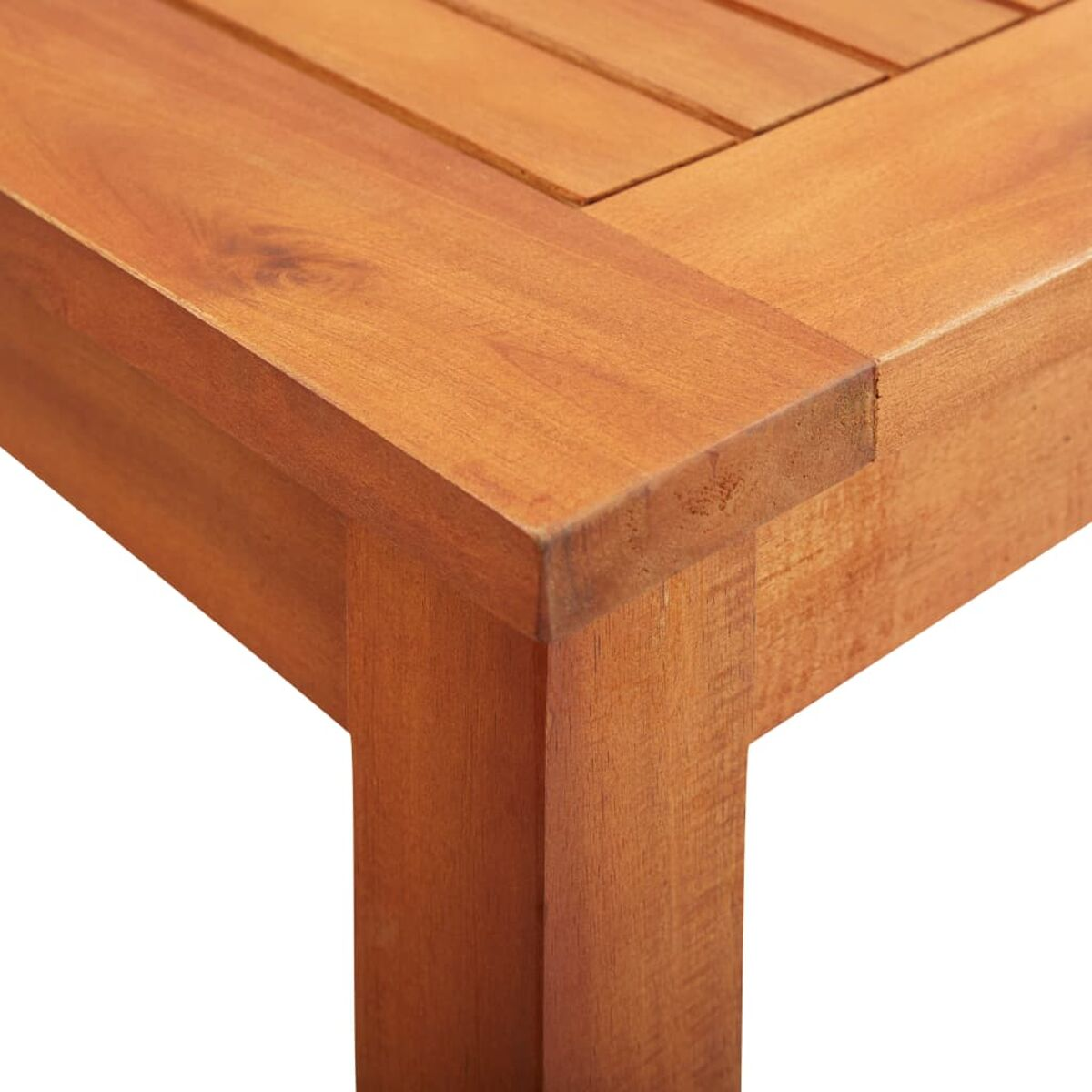 Nahaufnahme einer Holztischecke. Das Holz ist hellbraun und hat eine quadratische Form.