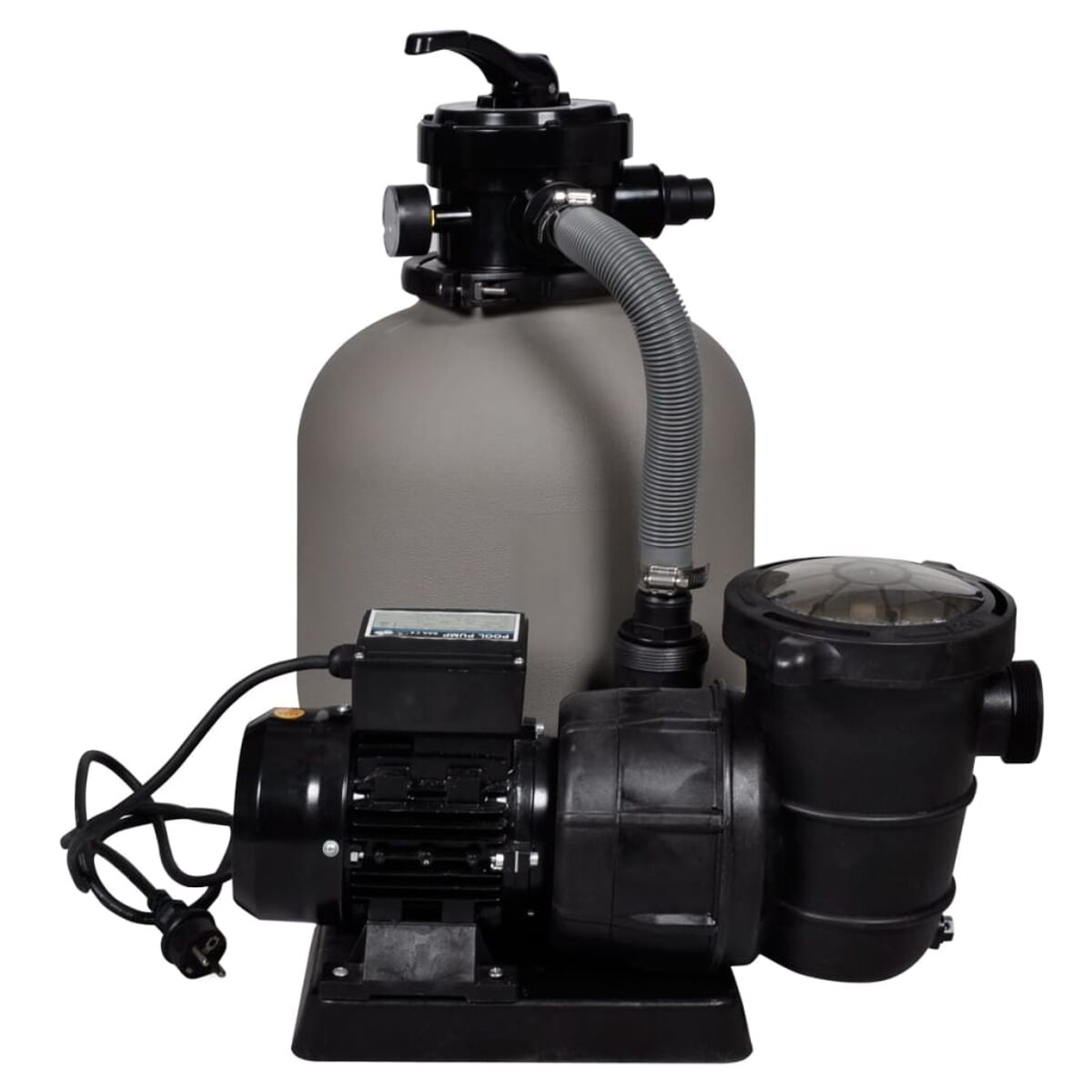 Ein Poolfiltersystem mit Pumpe, Filtertank und angeschlossenen Schläuchen und Drähten.