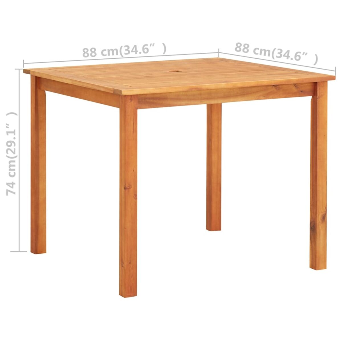 Quadratischer Holztisch für den Außenbereich mit Maßen. Der Tisch hat vier Beine auf weißem Hintergrund.