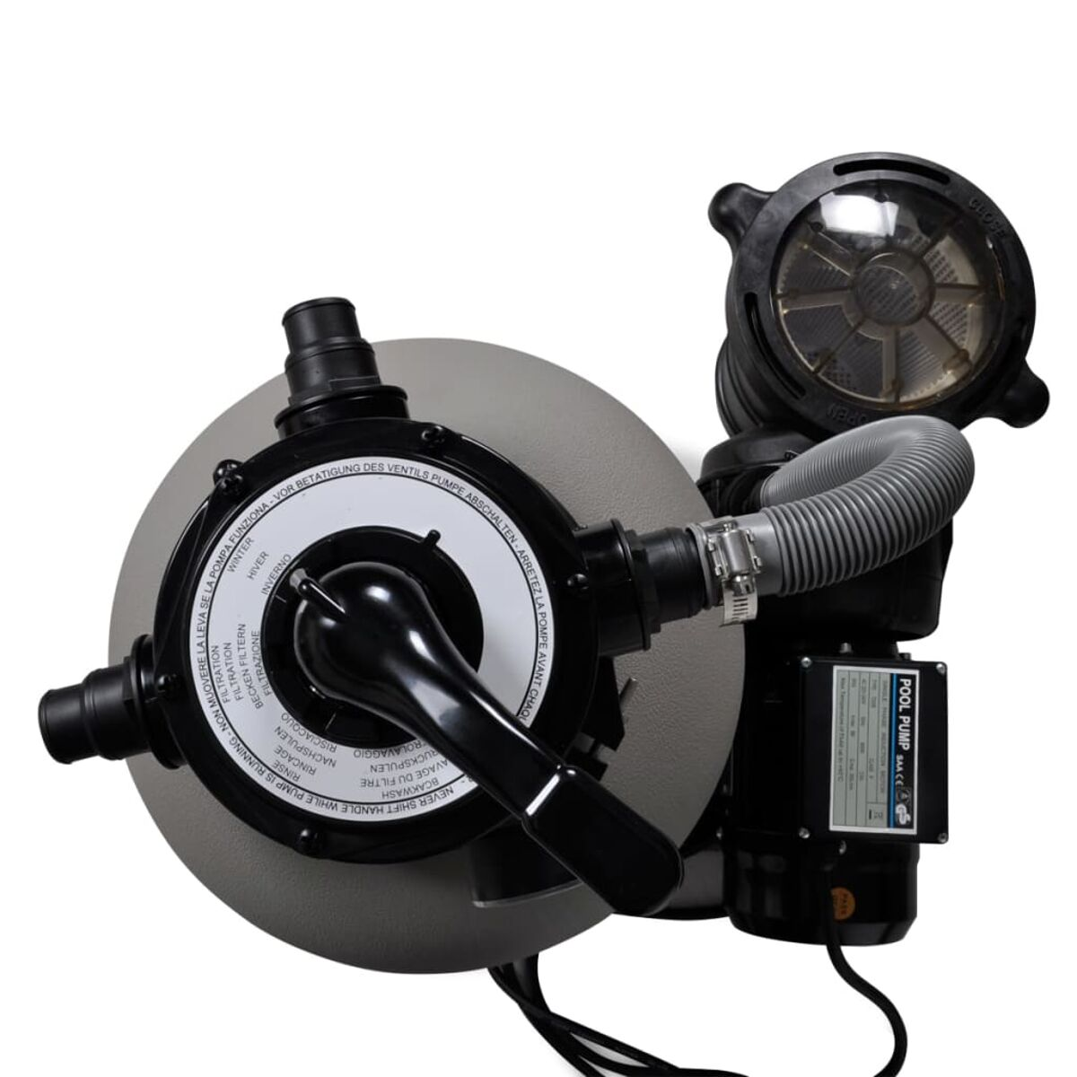 Poolpumpe, grau und schwarz. Sie hat einen Hebel und verschiedene Anschlüsse, mit einem klaren Deckel.