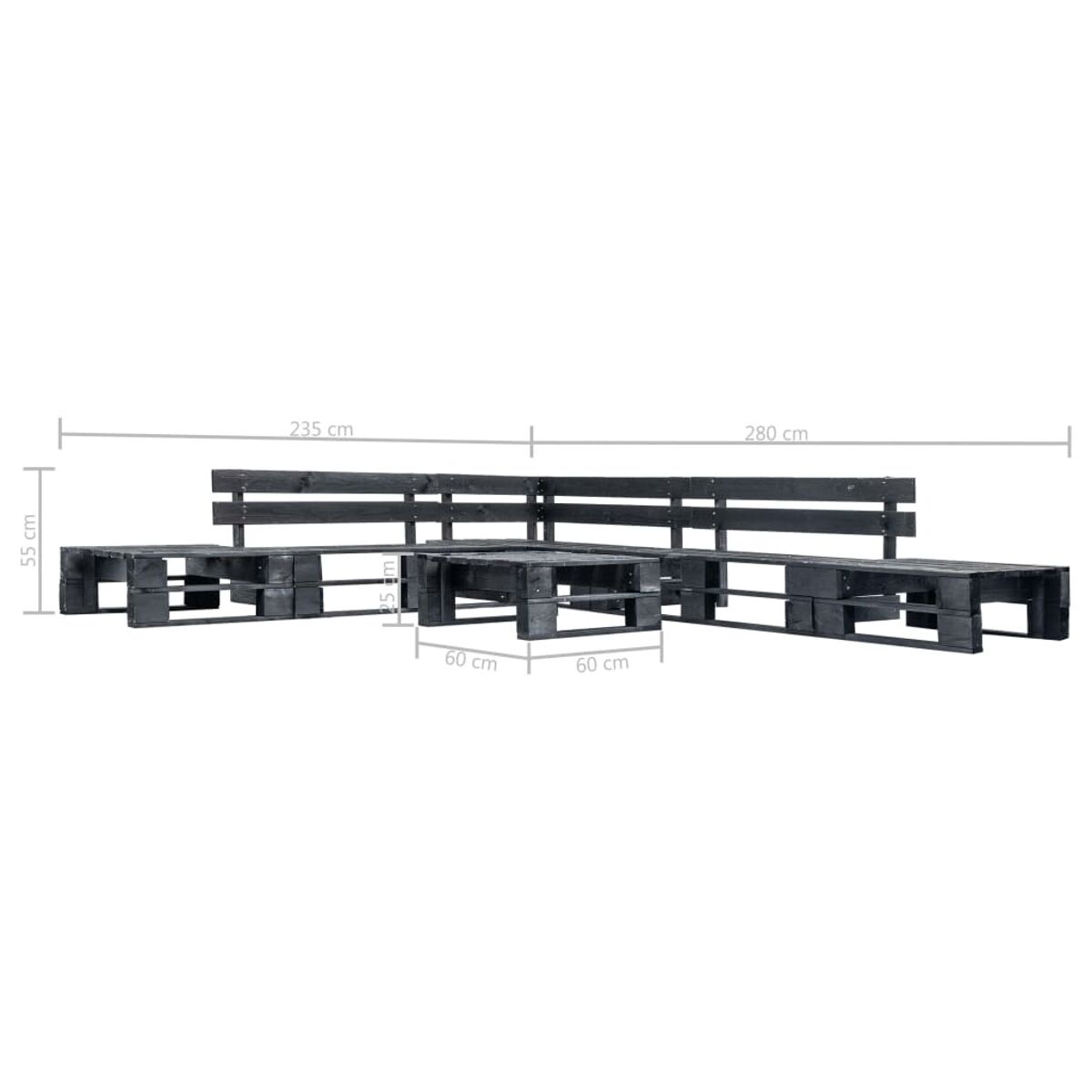 Schwarzes Palettenmöbel-Set aus Holz. Enthält ein Sofa, einen kleinen Tisch und eine Bank, mit Größenangaben.