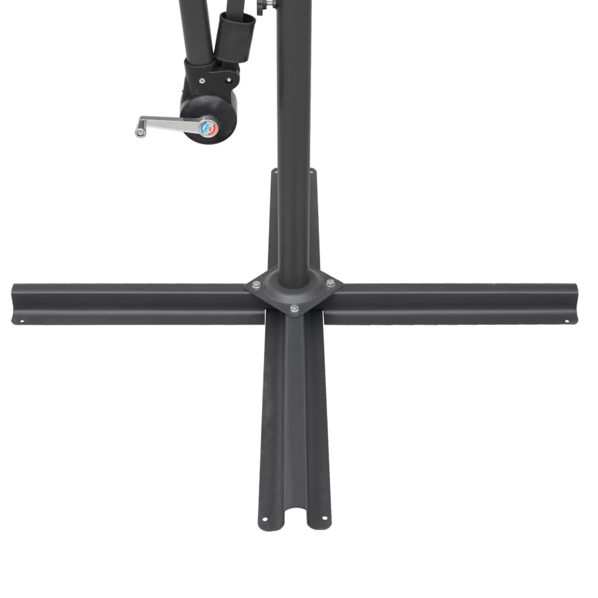 Metall-Schirmständer mit Stützstange und Verstellmechanismus.
