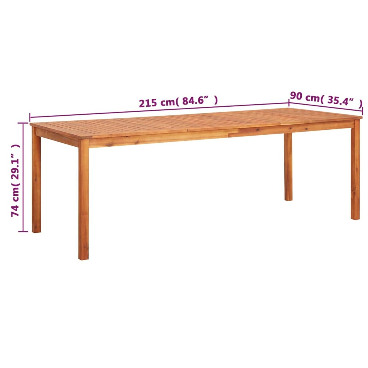 Ein langer Holztisch mit angegebenen Maßen. Es hat eine hellbraune Farbe.