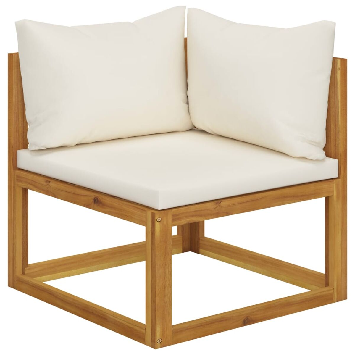 Eckstuhl aus Holz mit weißen Kissen. Der Stuhl hat eine quadratische Form.
