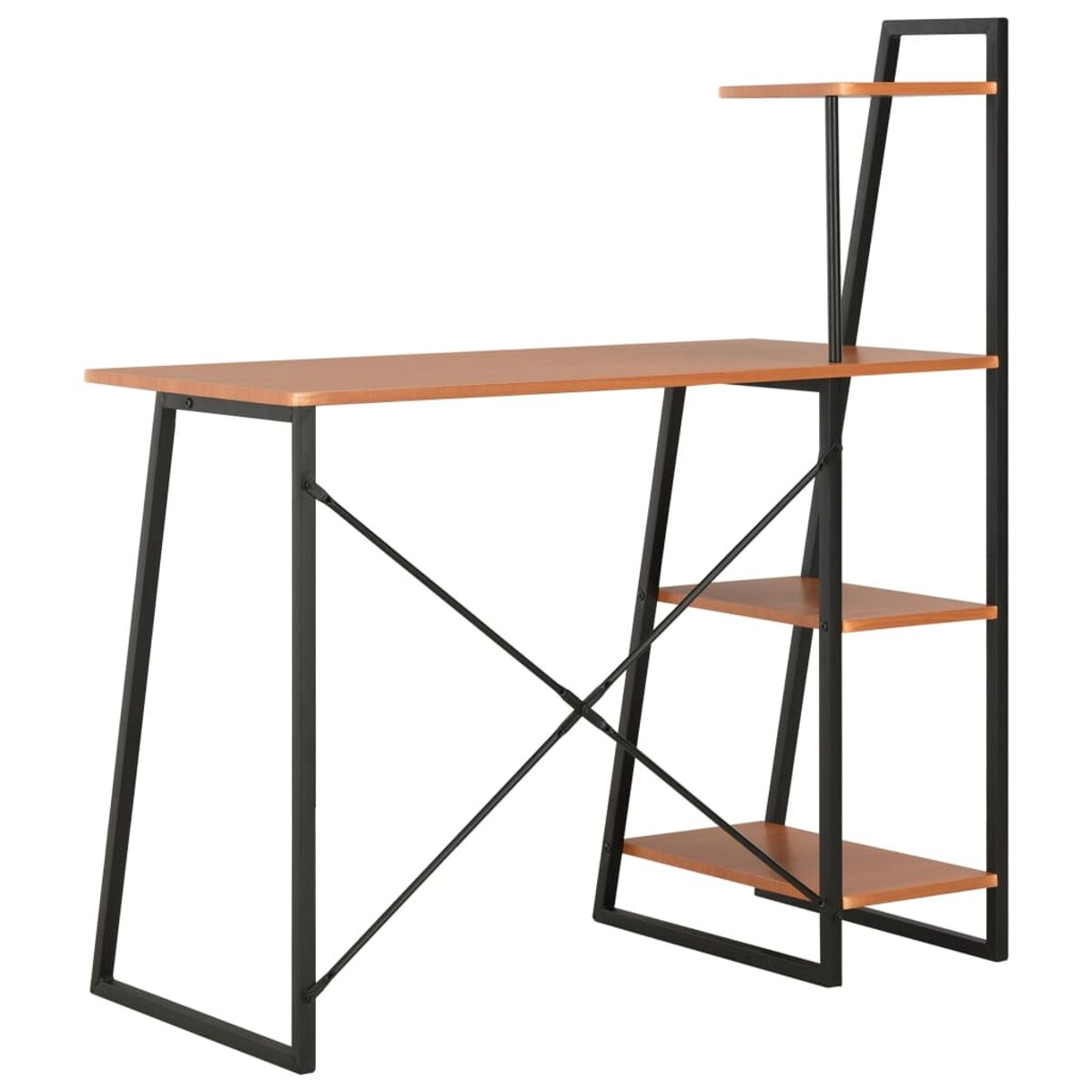Ein moderner Schreibtisch mit Holzplatte, schwarzem Rahmen und Regalen. Der Schreibtisch hat drei Regale.