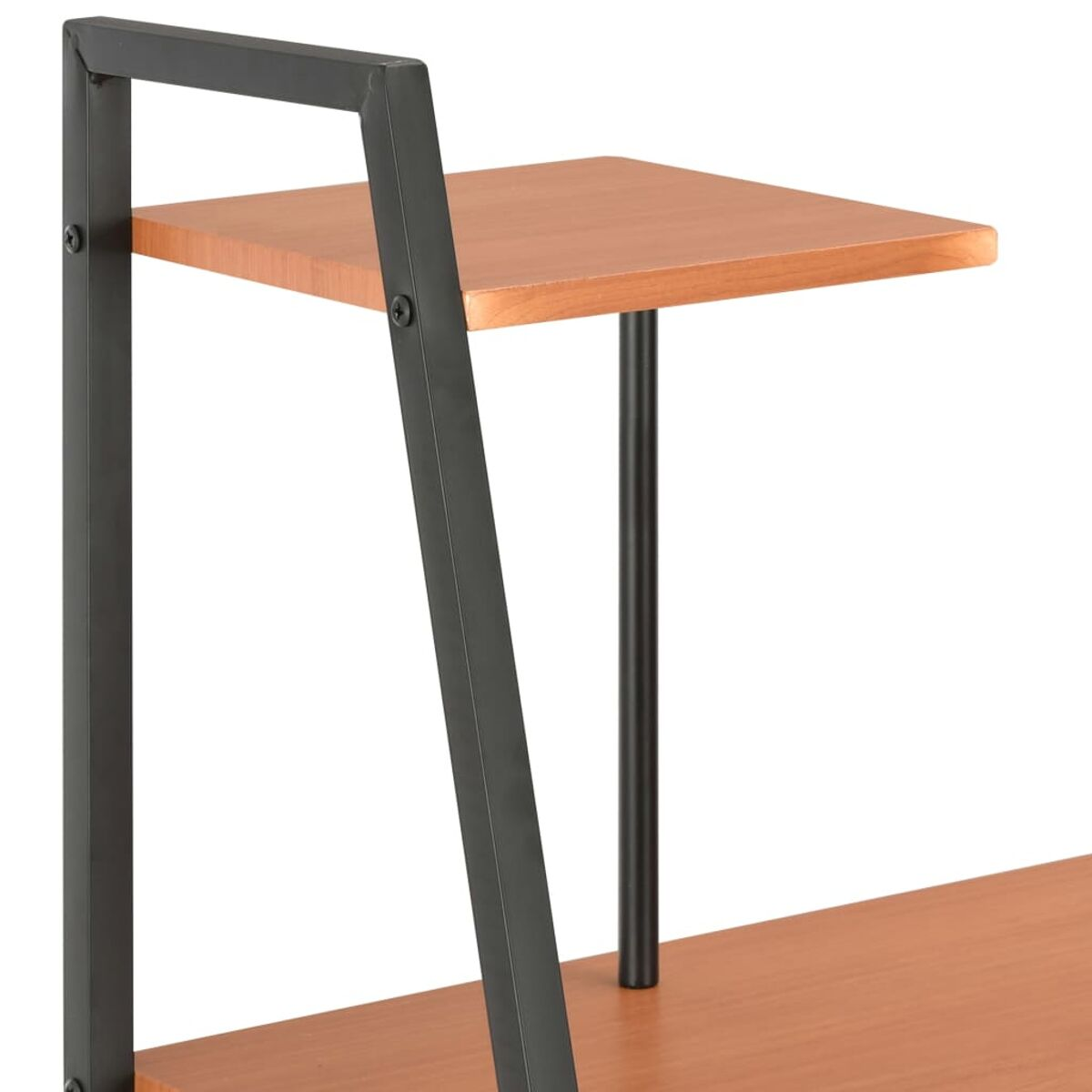 Ein Holzschreibtisch mit schwarzem Metallrahmen und einem Regal.