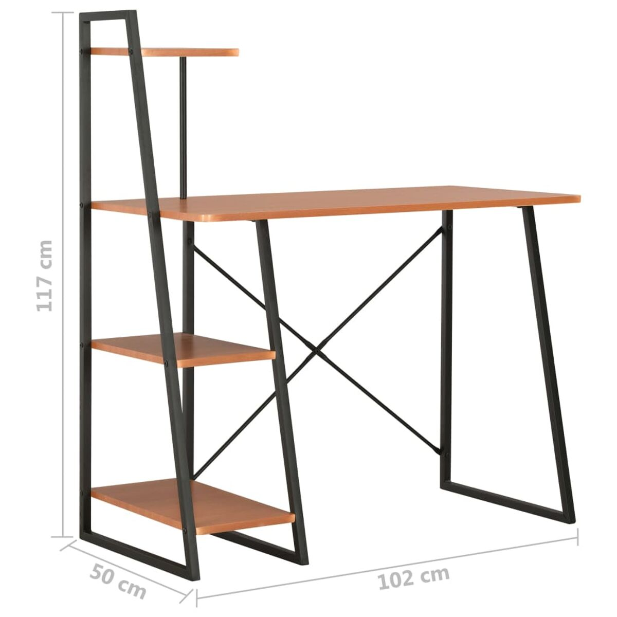 Holzschreibtisch mit Regalen. Er hat eine braune Oberseite, einen schwarzen Rahmen und ein seitliches Regal.