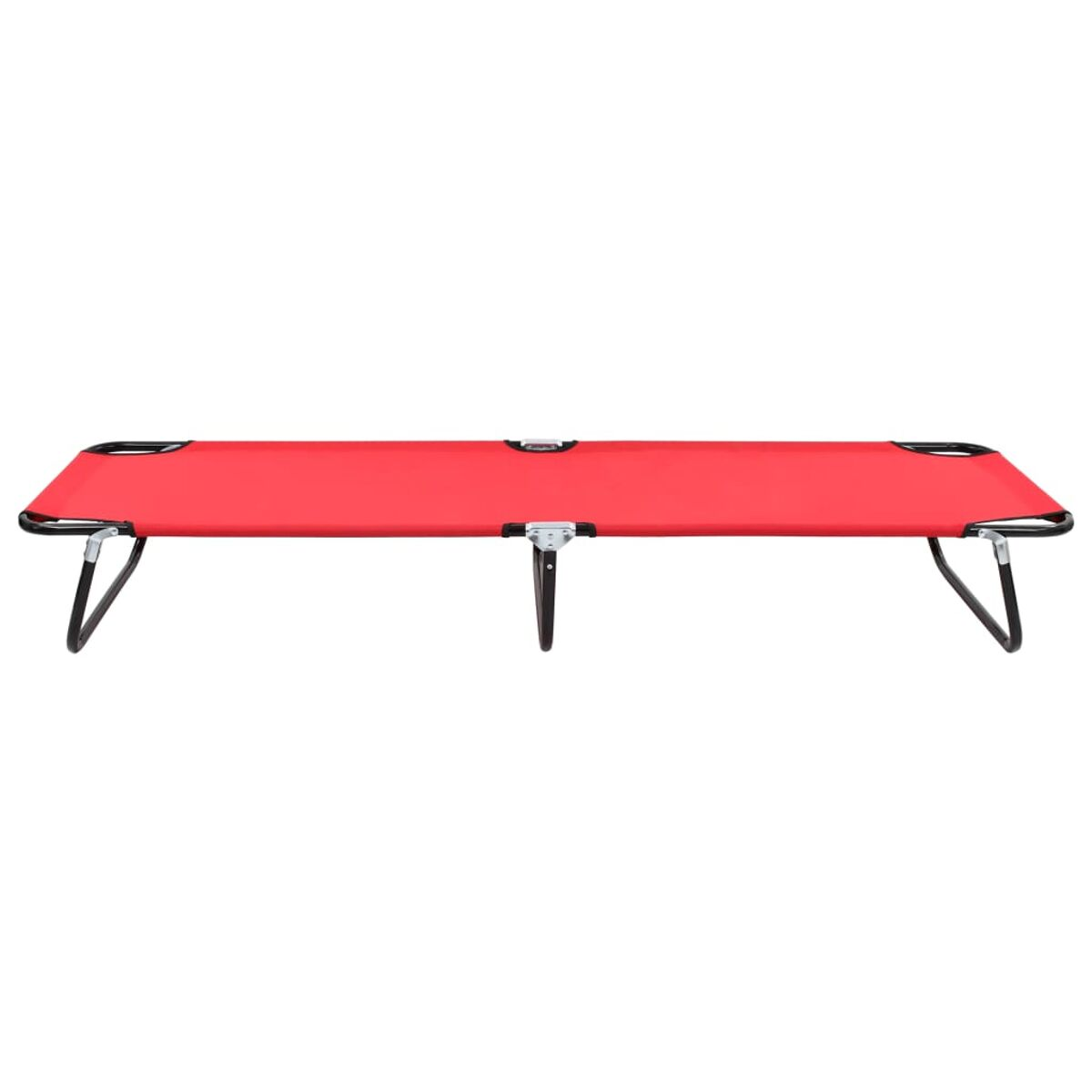 Rotes, zusammenklappbares Campingbett, ausgeklappt. Schwarzes Metallgestell. Weißer Hintergrund.
