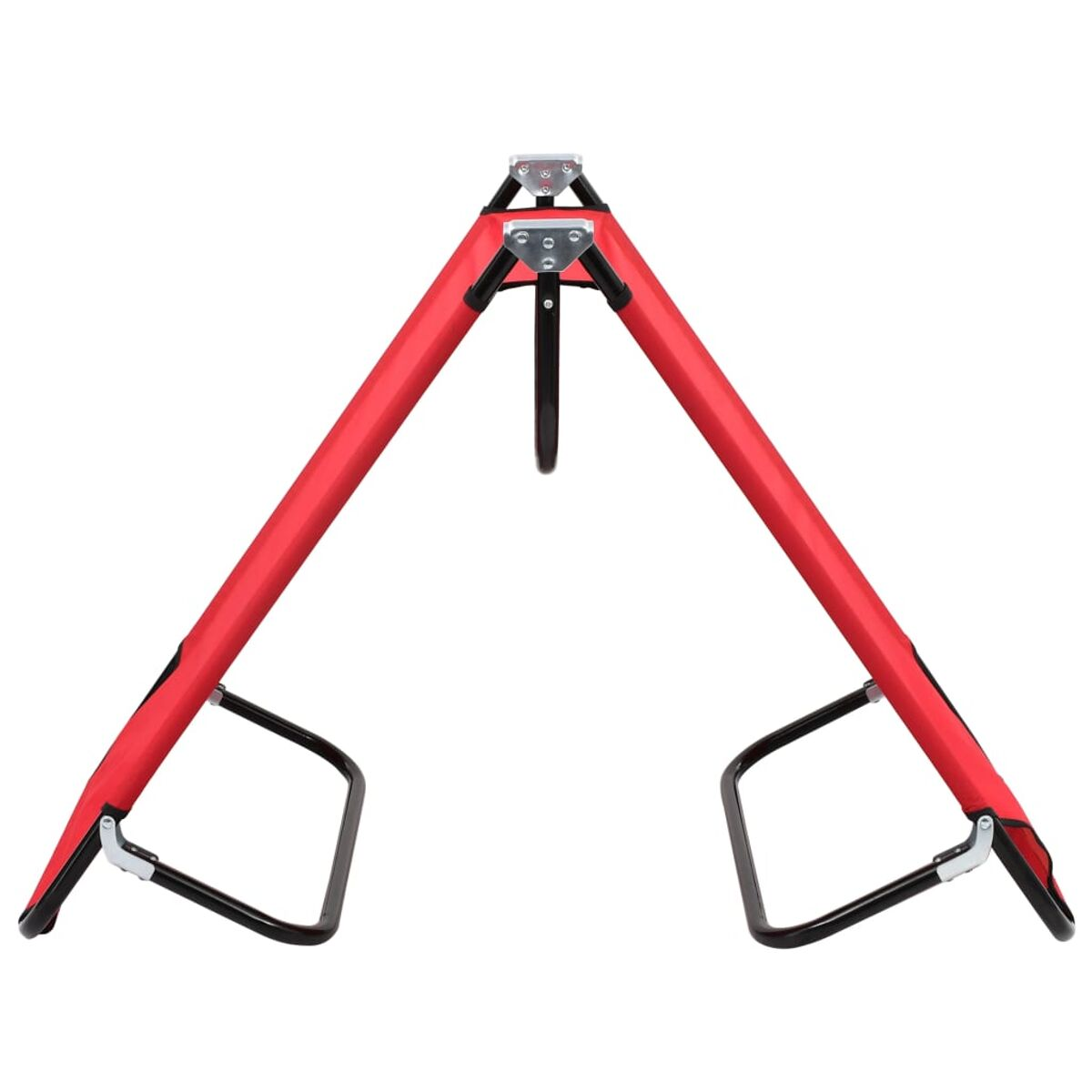 Ein rotes Metallgestell für ein zusammenklappbares Campingbett mit schwarzen Füßen und zentraler Stütze.