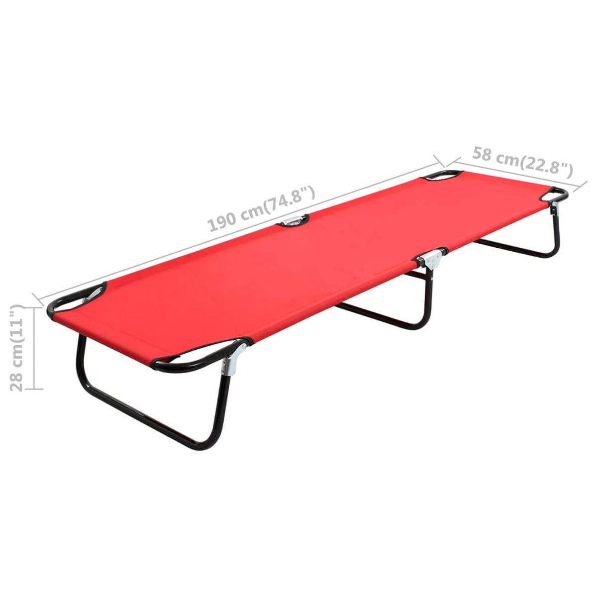 Ein rotes, zusammenklappbares Strandbett mit schwarzem Metallrahmen. Maße sind angegeben.